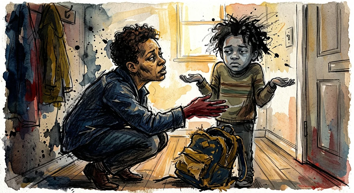 A parent crouched beside a child in a hallway by the front door with a school bag dropped between them, the child shrugging and the parent listening