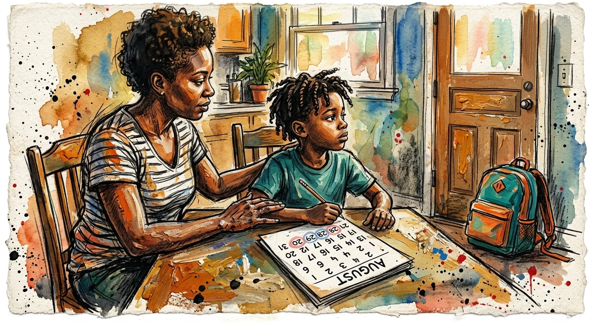 A parent and child sitting together at a kitchen table in late summer light with a calendar between them