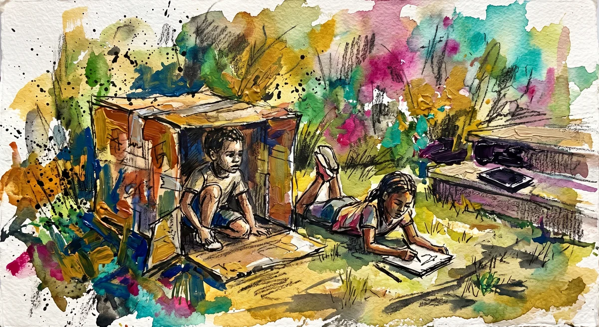 Two children in a back garden in late summer light, one crouched inside a large cardboard fort and one sketching on the grass, with a tablet lying face down and forgotten on a step