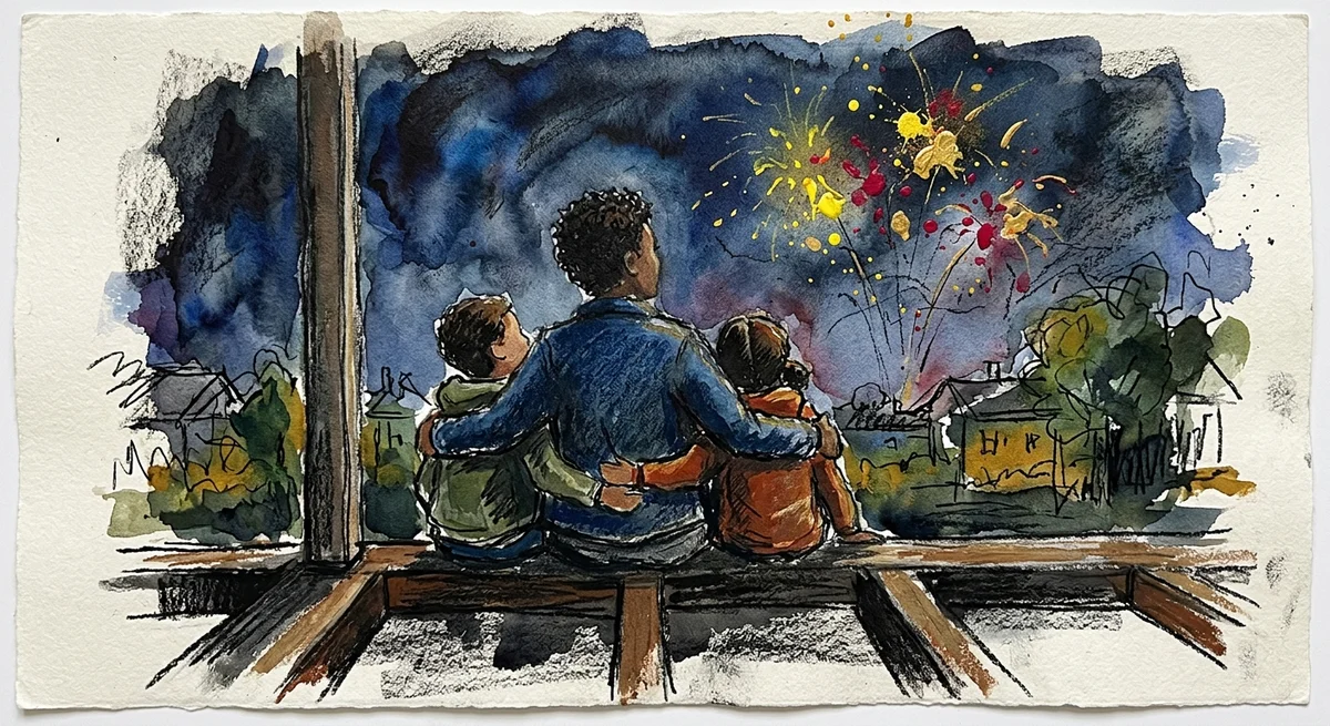 A parent and two children sitting on a porch on a summer evening watching fireworks in the distance, an arm around each child