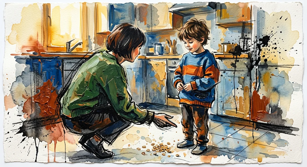 A parent kneeling to eye level with a young child near a small mess in a kitchen, both calm and engaged in a warm teachable moment