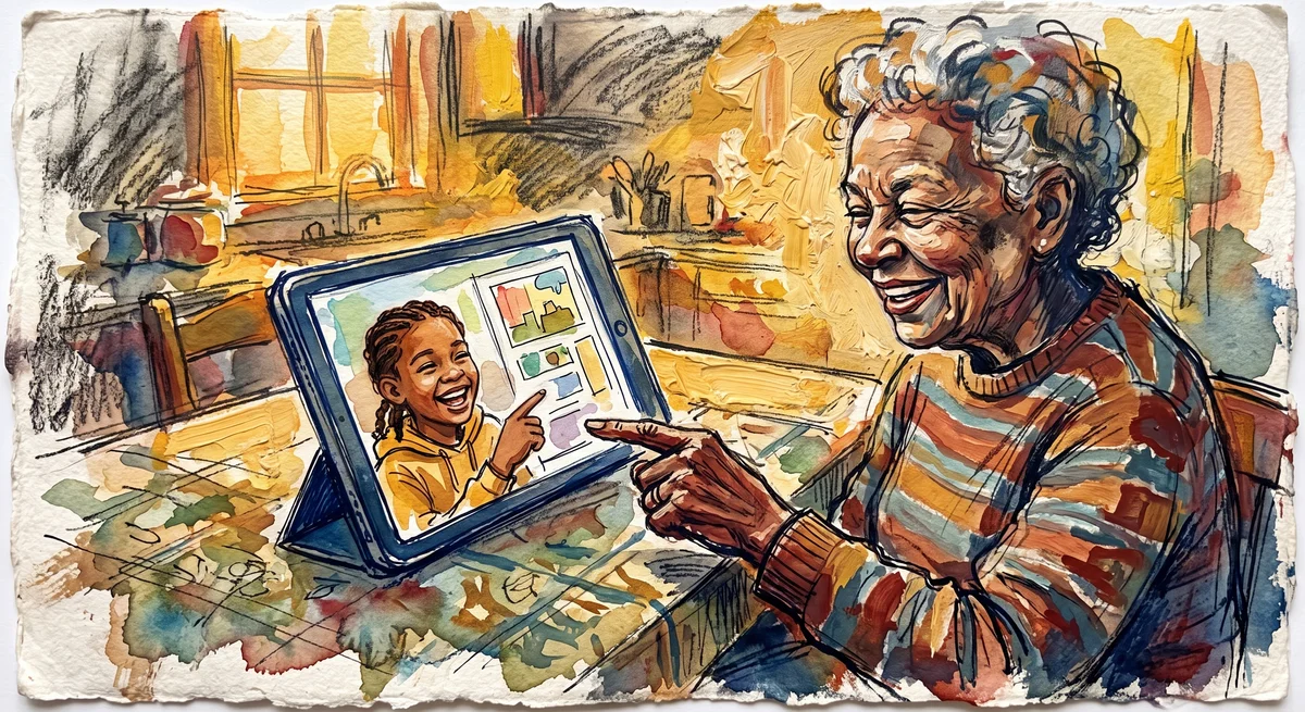 A grandmother at her kitchen table smiling at a tablet showing a video call with her grandchild, both looking at a shared story on the screen