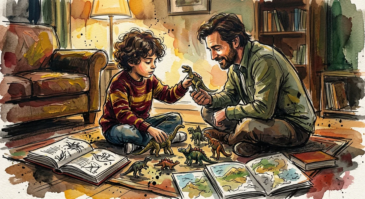 A child sitting on the floor surrounded by dinosaur figurines and open books while a parent leans in beside them, both sharing a moment of genuine wonder